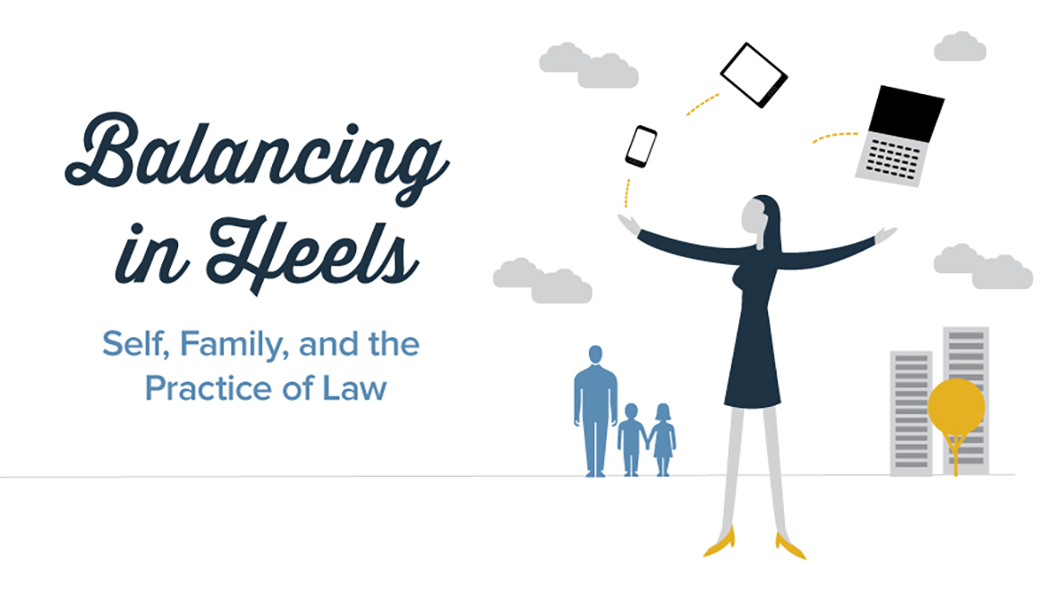 YLD_BalancinginHeels_Graphic2_Horizontal_Large Balancing in Heels graphic with blue text on a white background, to the right there are gray clouds and a simple illustration of an adult and two children walking hand in hand, in front of them is a woman balancing objects